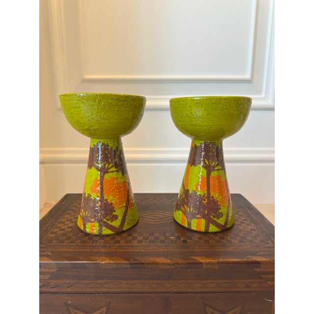 Fabulous pair of vintage Rosenthal Netter Aldo Londi for Bitossi Art Pottery candleholders, made in Italy. Rare design and...