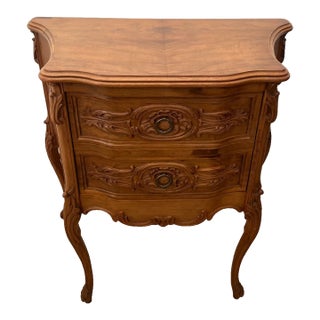 Vintage French Cabinet Side Table Hidden Bar Storage Solid Walnut Hand Carved For Sale