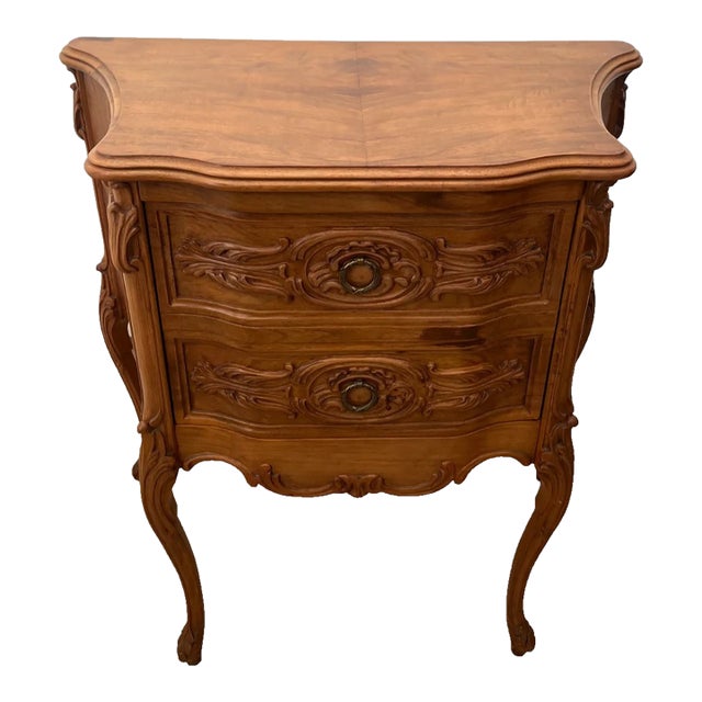 Vintage French Cabinet Side Table Hidden Bar Storage Solid Walnut Hand Carved For Sale