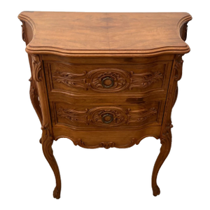 Vintage French Cabinet Side Table Hidden Bar Storage Solid Walnut Hand Carved