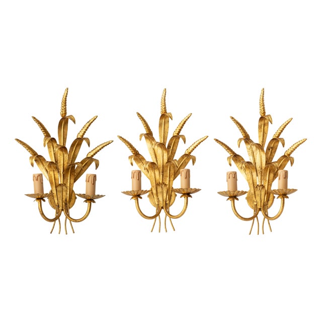 Italian Gold Gilt Wheat Sheaf Wall Sconces, 2010s, Set of 3 For Sale