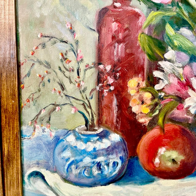 1960s Original Oil Painting Impressionist Red Bottle & Flora Still Life by Edith Weir For Sale - Image 11 of 13