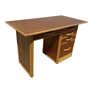 1950s Restored Post-War Hawaiian Koa Wood Desk W/ Rattan Border