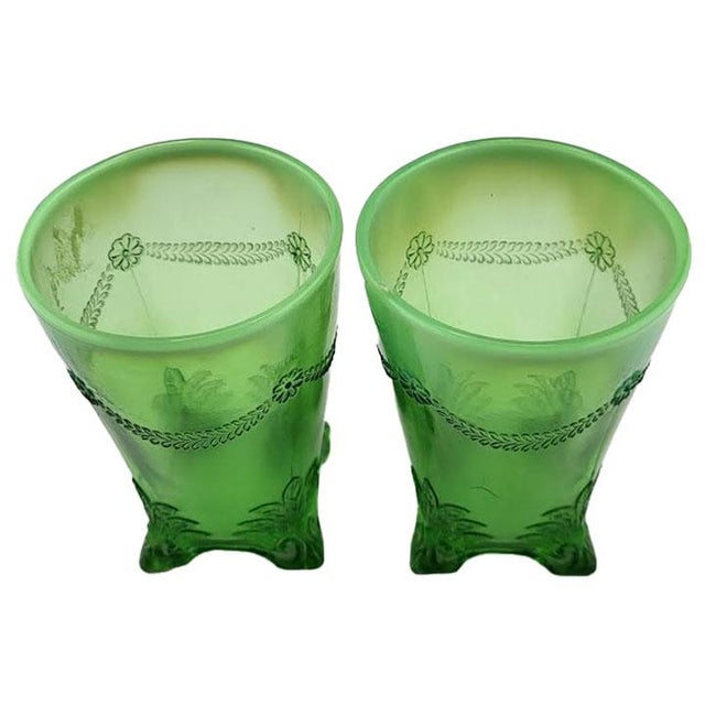 Antique Circa.1903 Jefferson Glass Green Opalescent Swag With Brackets Footed Spooner For Sale - Image 4 of 4