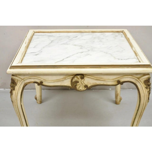 Vintage French Louis XV Style White Painted Marble Top Low Square Coffee Table For Sale - Image 12 of 12