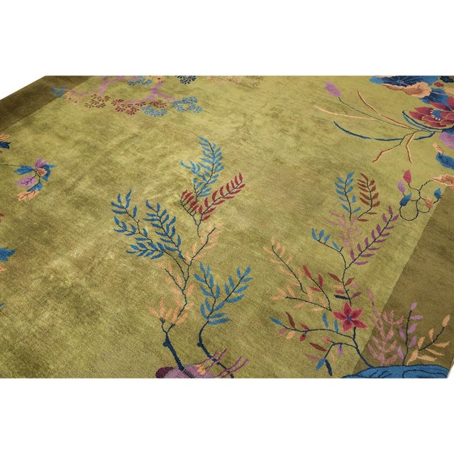 1920s Room Size Wool Green Floral Modern Antique Chinese Art Deco Carpet Rug For Sale In New York - Image 6 of 12