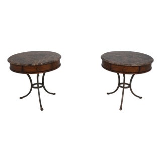 Pair Century Round Marble Top Iron Base Lamp Tables For Sale