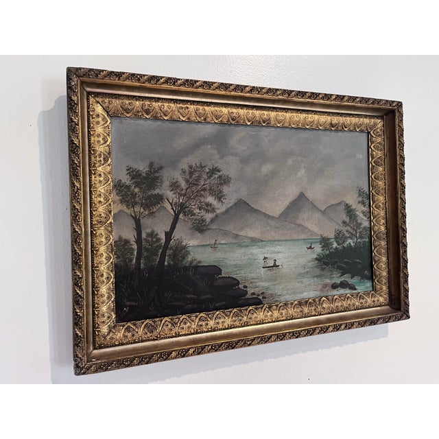 Antique American Folk Art Mountain Lake Landscape Oil Painting on Artist’s Board, C. 1900 For Sale In West Palm - Image 6 of 12