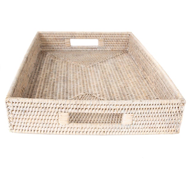 2020s Artifacts Rattan Rectangular Tray Cutout Handles For Sale - Image 5 of 6