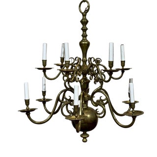 Two-Tier 12-Light Dutch Brass Chandelier, 1930s For Sale
