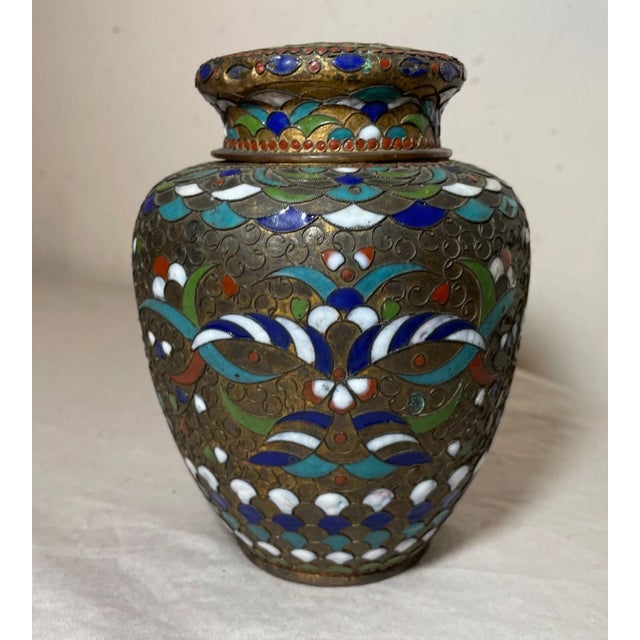 Paint Share Antique 1800's Handmade Japanese Champleve Enameled Bronze Lidded Urn Jar Vase For Sale - Image 7 of 14