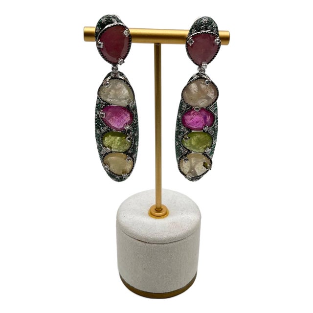 Unique Multi Color Sapphire Emerald Diamonds 18k White Gold Statement Earrings, A Pair For Sale