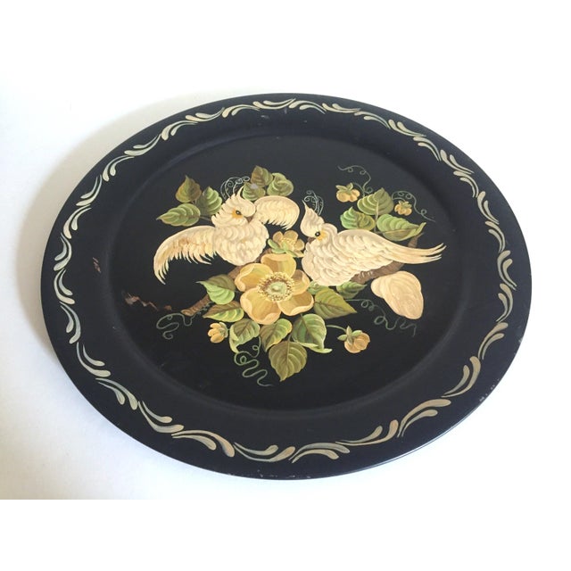 Vintage Mid Century Black Hand Painted Tole Ware Birds Extra Large