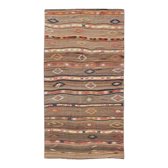 Geometric Stripe Design Turkish Vintage Kilim Rug in Warm Earth Tones For Sale