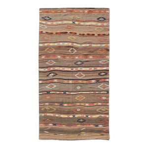 Geometric Stripe Design Turkish Vintage Kilim Rug in Warm Earth Tones