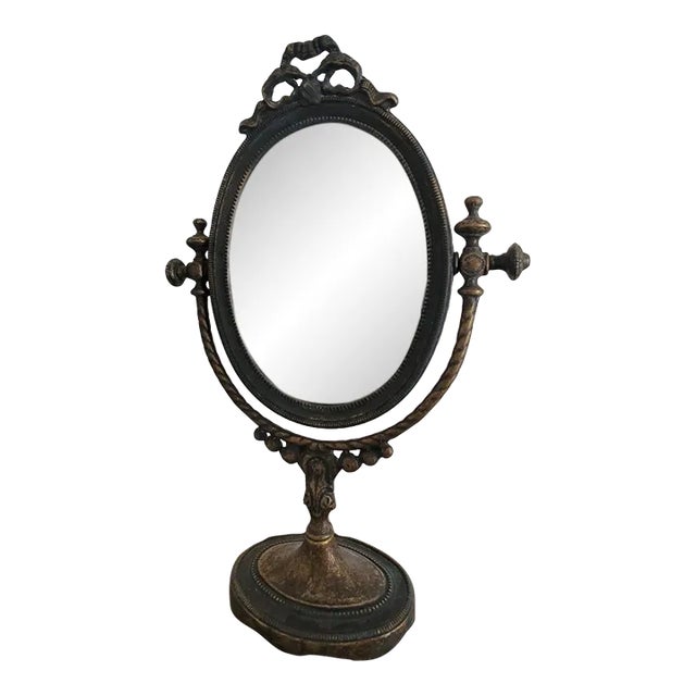 Italian Die-Cast Brass Table Mirror in Antique Brass Finish & Swing Design For Sale