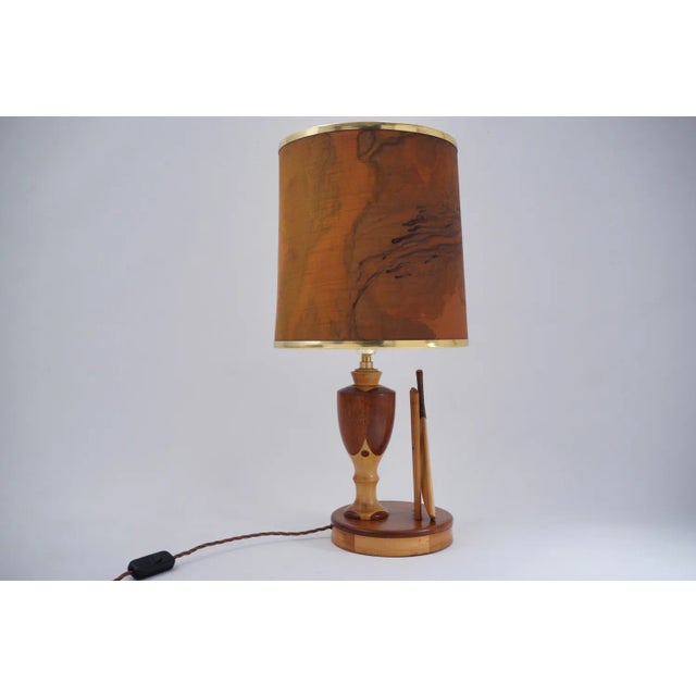 1950`s English Marquetry Wood Inlaid Table Lamp, Sport Cricket Theme, Rewired For Sale - Image 12 of 13