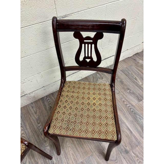 Late 19th Century Vintage Duncan Phyfe Style Harp Back Lyre Back Dining Chairs - Pair For Sale - Image 5 of 9