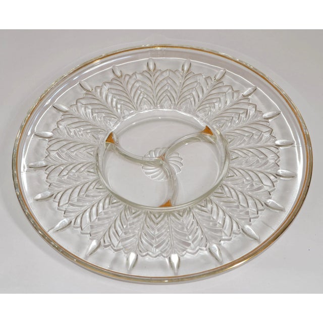 1950s Art Deco Jeanette Depression Glass Crystal Relish Dish Serving Platter 22k Gold Trim For Sale - Image 12 of 12