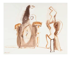 Gerald Wasserman Abstracted Gouache Figures in Brown, Circa 1960s