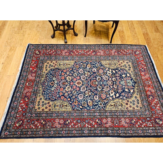 Vintage Persian Tabriz Area Rug, Hand-Knotted Wool, Floral Pattern, Navy & Red, 4x6 For Sale - Image 4 of 15