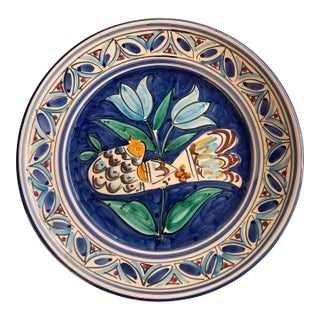 Vintage Hand-Painted Mediterranean Ceramic Wall Plate - Bird & Tulip Motif For Sale