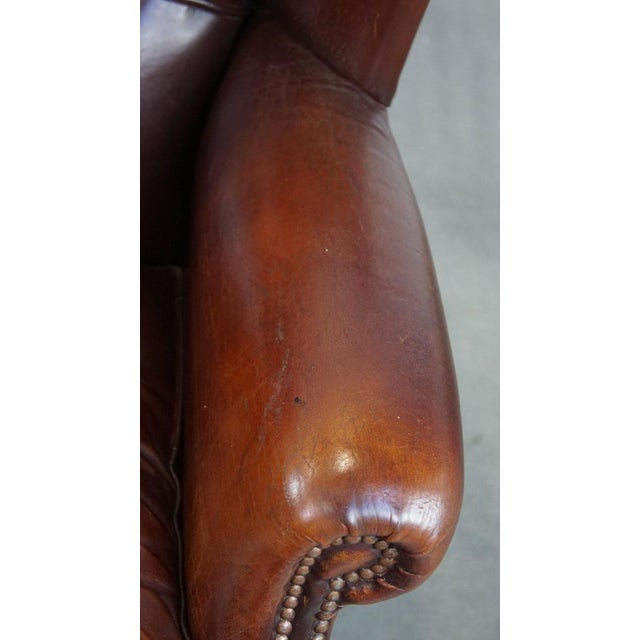 Brown Vintage Sheep Leather Wing Chair For Sale - Image 8 of 17