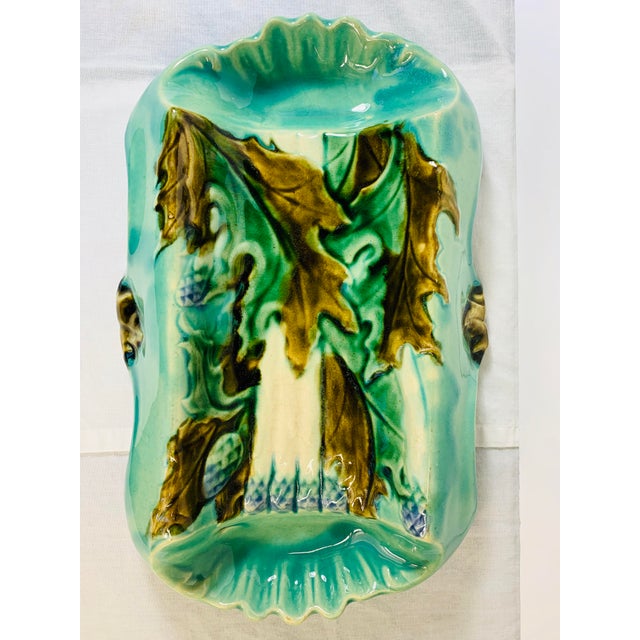Art Nouveau Rare Antique French Barbotine Majolica Turquoise Asparagus Serving Tray Platter Dish For Sale - Image 3 of 11
