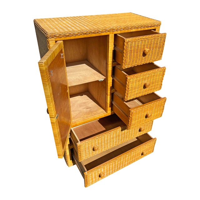 Vintage Wicker Tall Wide Dresser or Chest of Drawers in Boho Chic Coastal Style Beautiful clean piece with lots of storage!