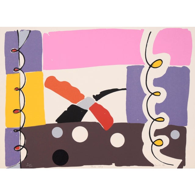 Colorful and bright limited edition abstract silkscreen print with fun colors and bold geometric shapes arranged in a...