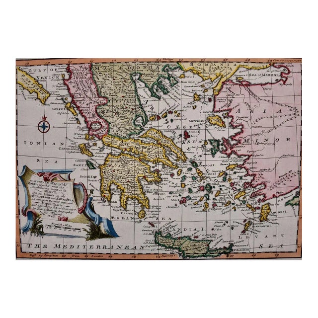 Mainland Greece & Islands: An Original 18th Century Hand-Colored Map by Emanuel Bowen , 1747 For Sale