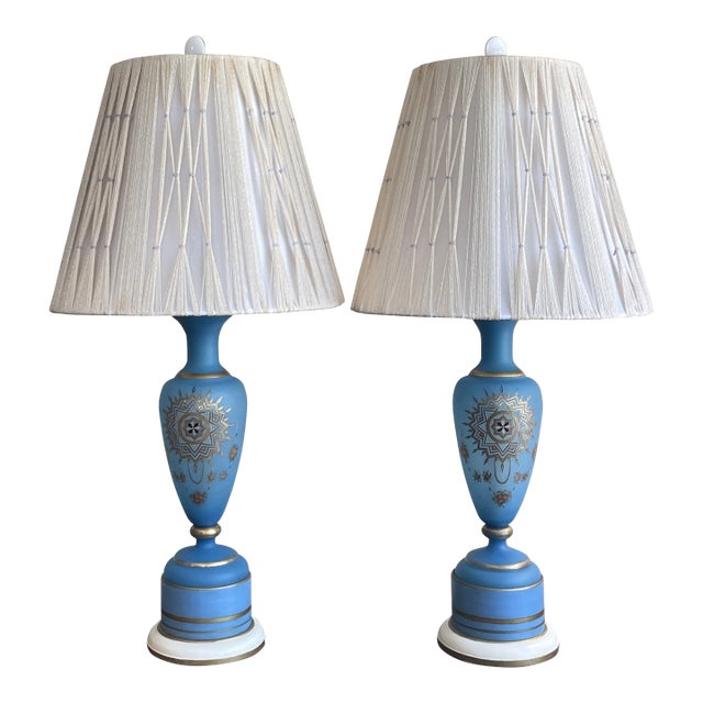 Vintage French Opaline Blue & Gold Gilt Glass Table Lamps - a Pair For Sale