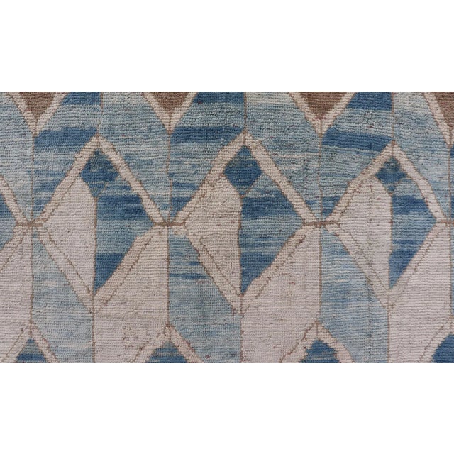 Textile Mid 20th Century Square Vintage Turkish Oushak Kars Rug in Modern Design With Blue and Light Brown Colors For Sale - Image 7 of 12