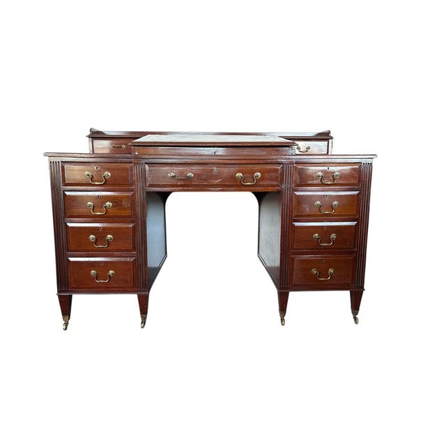Metal Vintage Mahogany Partners Desk with Leather Inlay and Brass Hardware For Sale - Image 7 of 9