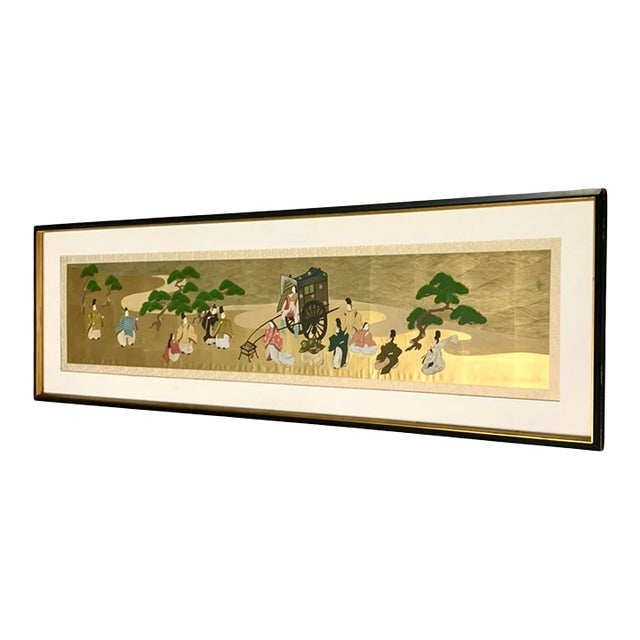 Late 20th Century Gold Leaf Painting Large Panoramic Japanese Imperial Court Scene Vintage Art For Sale