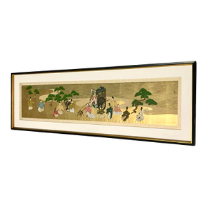 Late 20th Century Gold Leaf Painting Large Panoramic Japanese Imperial Court Scene Vintage Art
