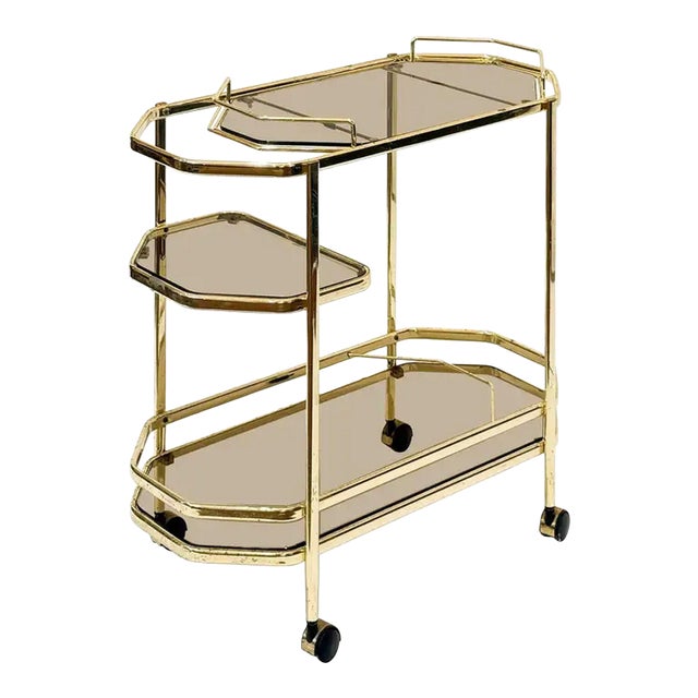 Mid 20th Century Italian Modern Rolling Drinks Cart or Console Trolley of Brass and Smoked Glass For Sale