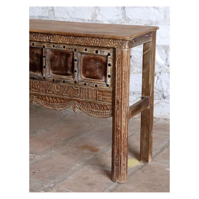 Mid-Century Modern Vintage Ornate Carved Wood Console Table With Iron Stud Accents – Statement Entryway Piece 52 For Sale - Image 3 of 6