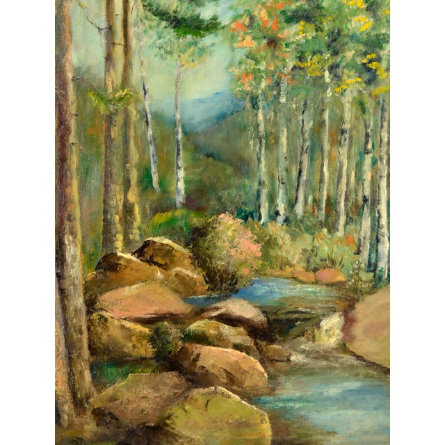 Beautiful mid-century landscape of a calm stream winding through a forest full of birch trees by California artist Portia...