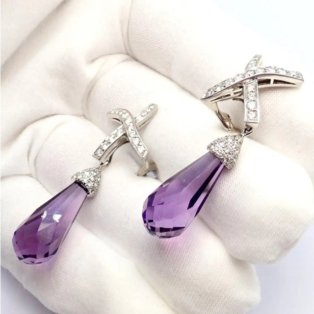 1980s Pair of Tiffany & Co Paloma Picasso X Drop Diamond Amethyst Night Day Platinum Earrings For Sale - Image 9 of 16