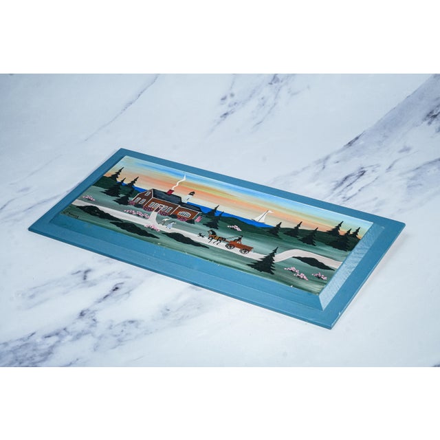 Vintage Folk Art Oil Painting Wood Board New England Coast Scene Country Home Decor For Sale - Image 14 of 17