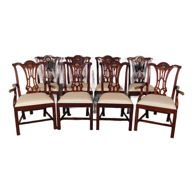 Set of 8 Maitland Smith Mahogany Chinese Chippendale Medallion Dining Chairs For Sale
