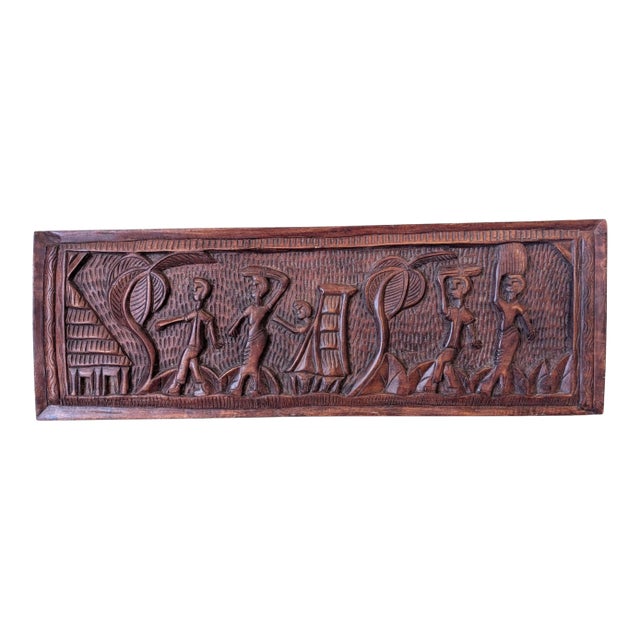 Vintage West African Hand-Carved Bas-Relief Wood Plaque For Sale