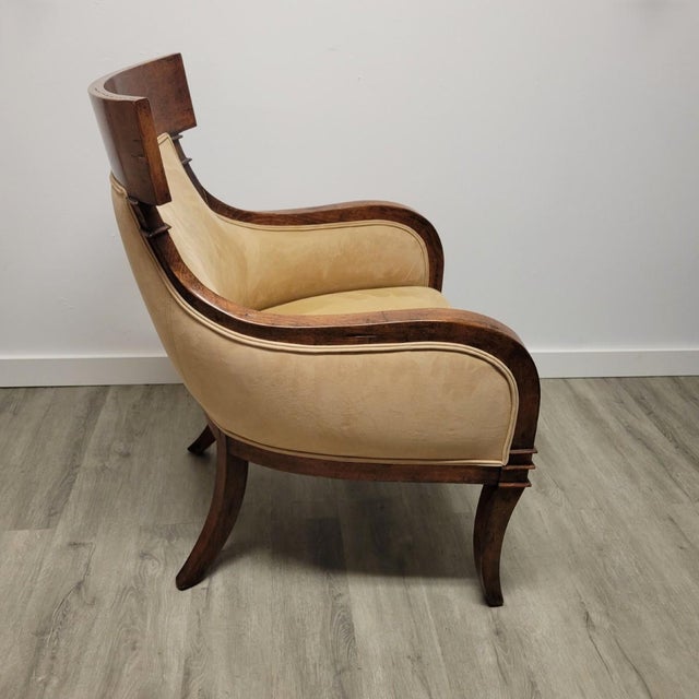Contemporary Klismos-Gondola Armchair in Warm Walnut With Ultrasuede Upholstery For Sale - Image 4 of 7