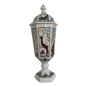 1950s Whimsical Hand-Painted Folk Animals Lidded Hexagonal Urn / Jar