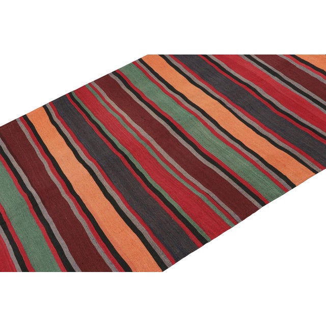 This vintage 5x13 Persian Bidjar kilim is handwoven in wool, and originates circa 1950-1960. On the Design: This flatweave...