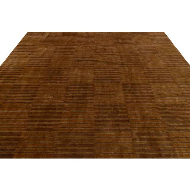 Brown Modern Nepalese Tibetan Wool & Silk Rug With Minimalist Brown Stripes Design For Sale - Image 8 of 9