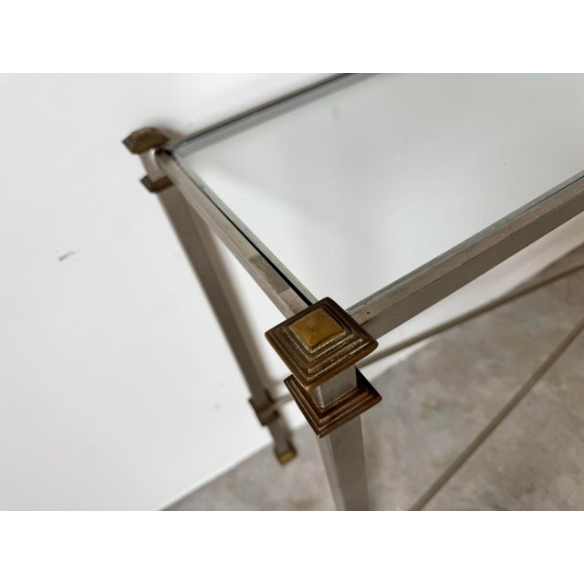 Italian Hollywood Regency Neoclassical - Style Brushed Steel and Brass Console Table, Maison Jansen Att For Sale - Image 9 of 12