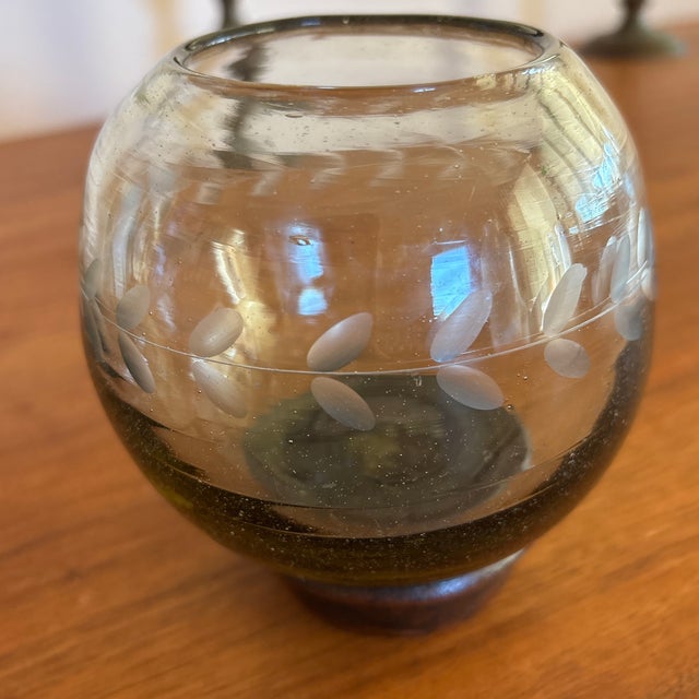 Vintage Jan Barboglio Smoked Glass Vessel With Forged Metal Base For Sale In San Francisco - Image 6 of 6