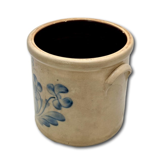 Ceramic Excellent Antique 1870s American Blue Double Flower Decorated 3 Gallon Stoneware Crock by J Fisher in Lyons New York For Sale - Image 7 of 16